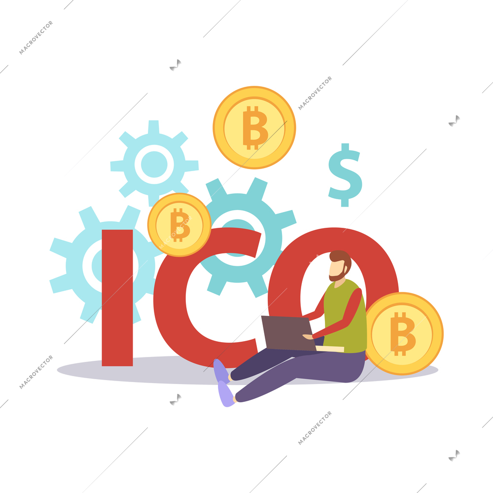 ICO blockchain cryptocurrency composition of flat business icons with small human characters vector illustration