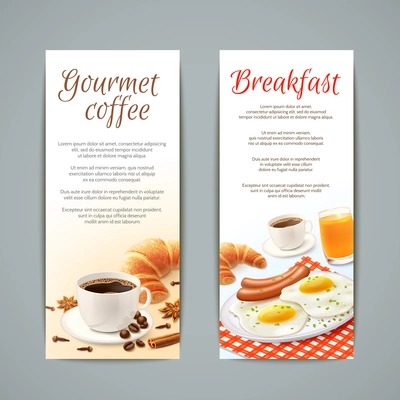 Breakfast food vertical banners set with coffee cup croissant fried eggs and orange juice isolated vector illustration