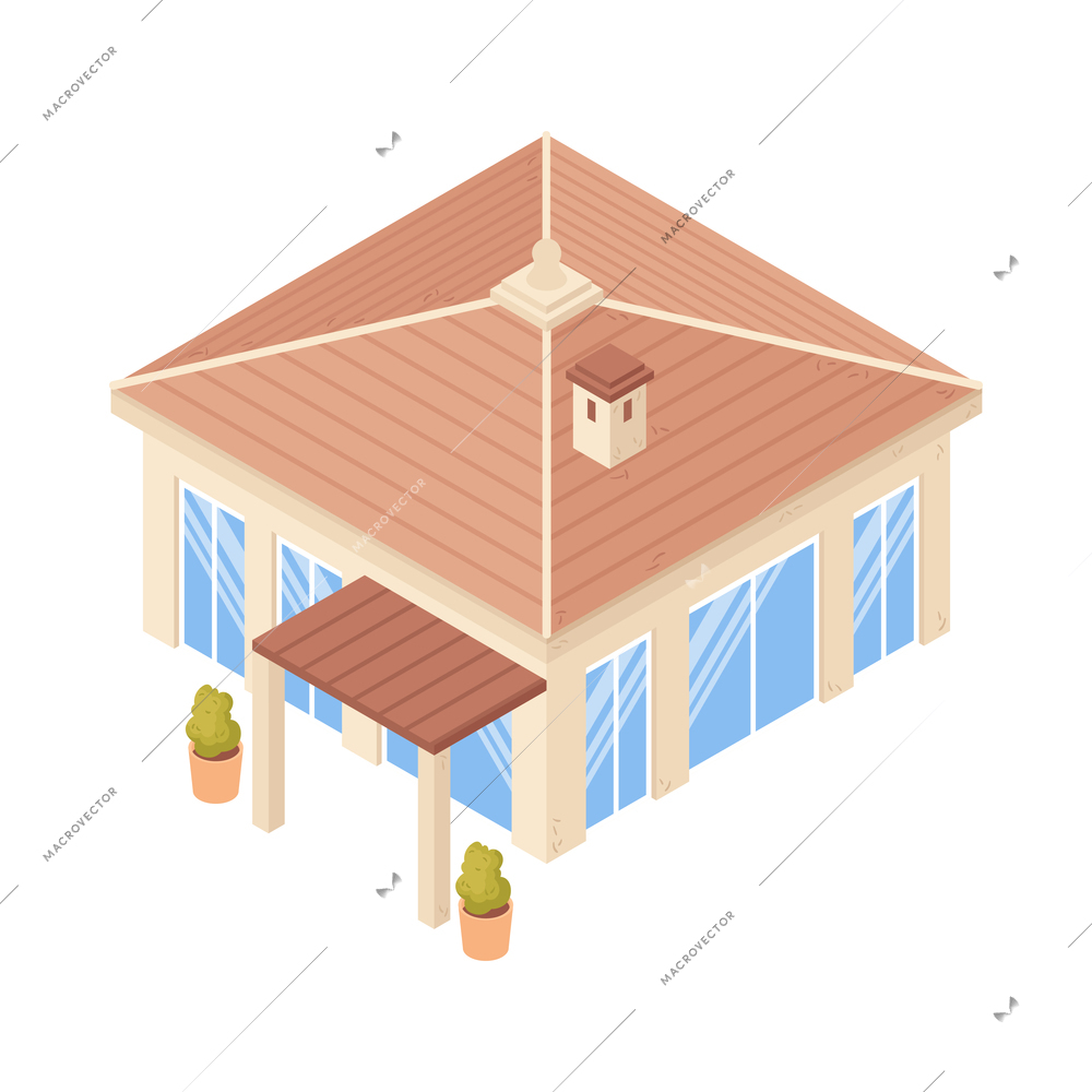 Isometric beach house tropic holidays people composition with isolated tropical relax elements vector illustration