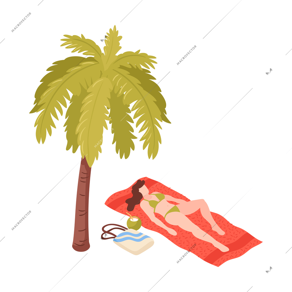 Isometric beach house tropic holidays people composition with isolated human characters vector illustration