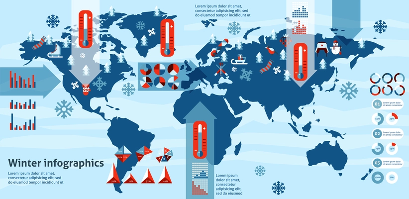 Winter holidays symbols infographics set with charts and world map vector illustration