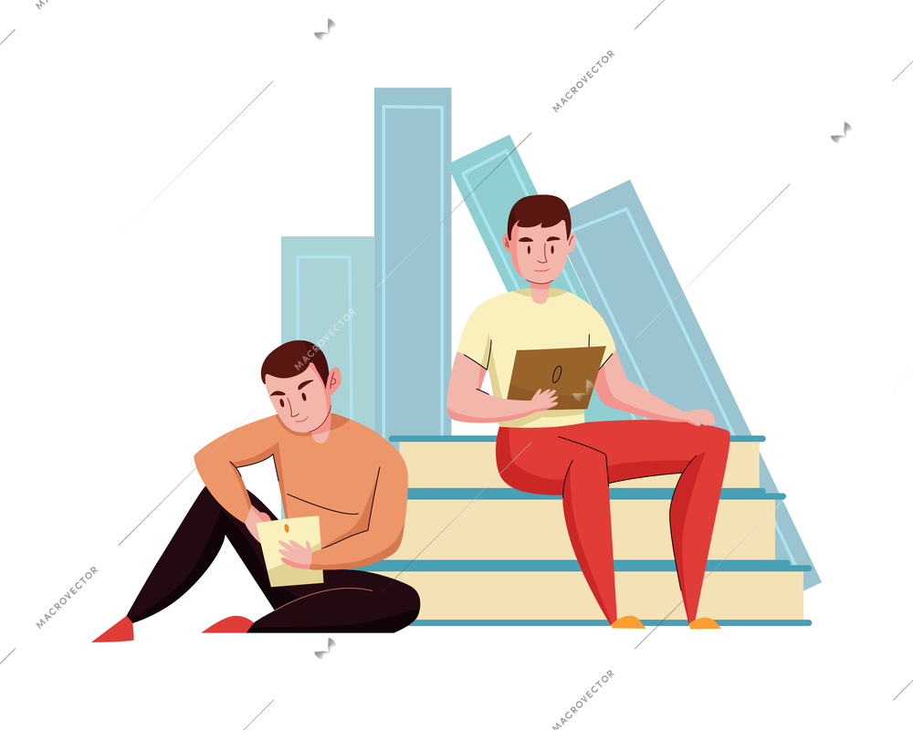 Library composition with modern books reading flat images isolated on blank background vector illustration