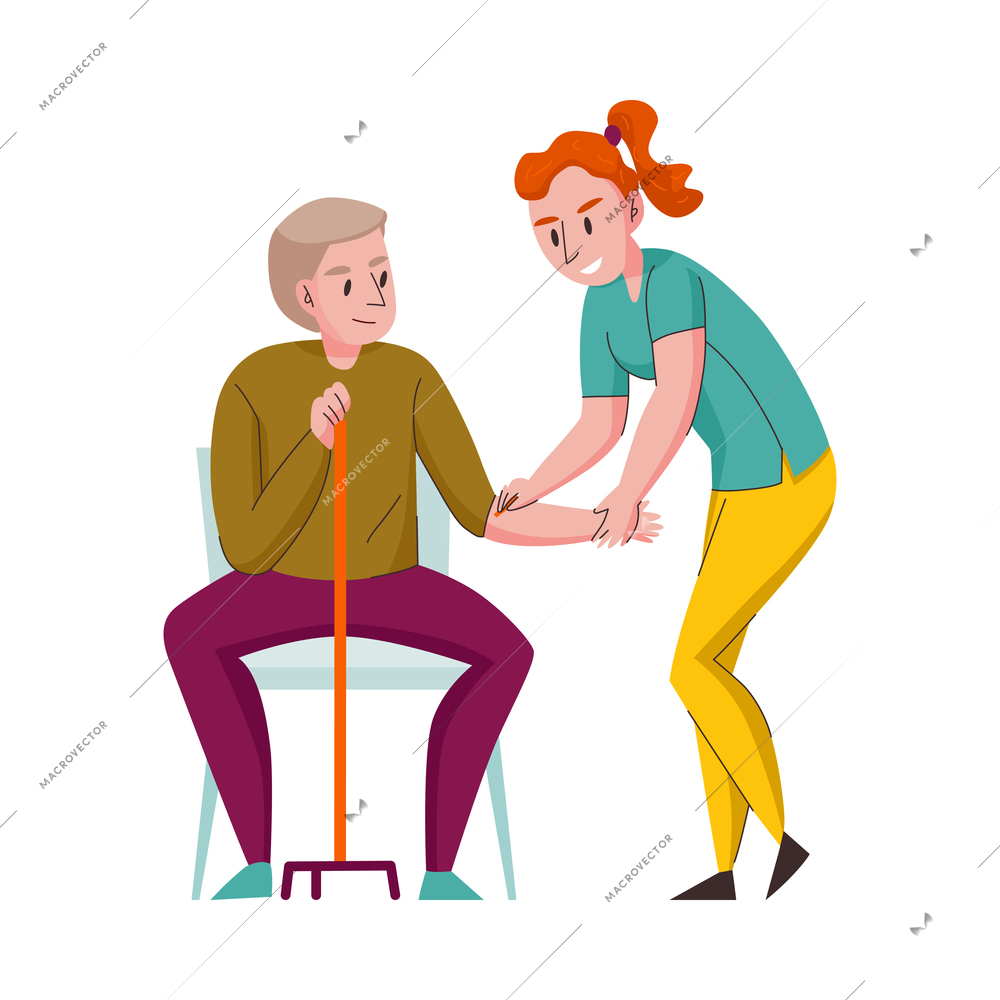 Nursing home composition with doodle style characters of volunteers elderly disables people vector illustration