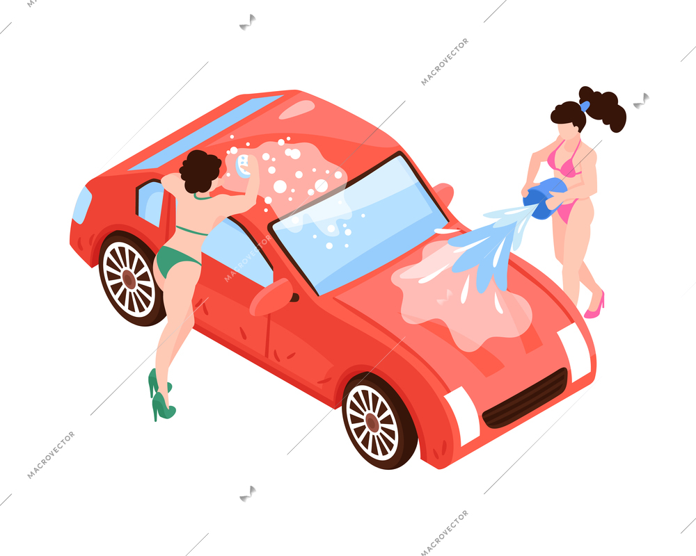Isometric car washing services composition with isolated image of car wash on blank background vector illustration