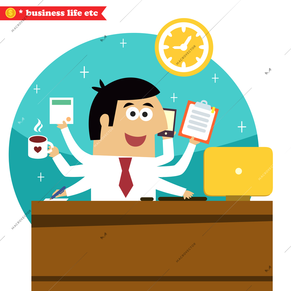 Business life. Multitasking and multipurpose businessman of all trades with coffee phone desk and computer vector illustration