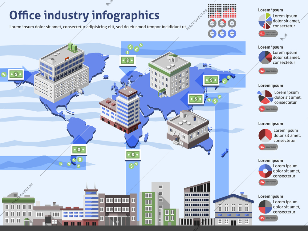 Office industry infographics with business buildings world map and charts vector illustration