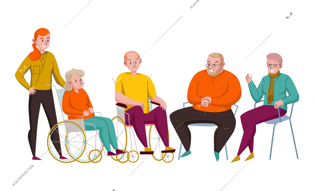 Nursing home composition with doodle style characters of volunteers elderly disables people vector illustration