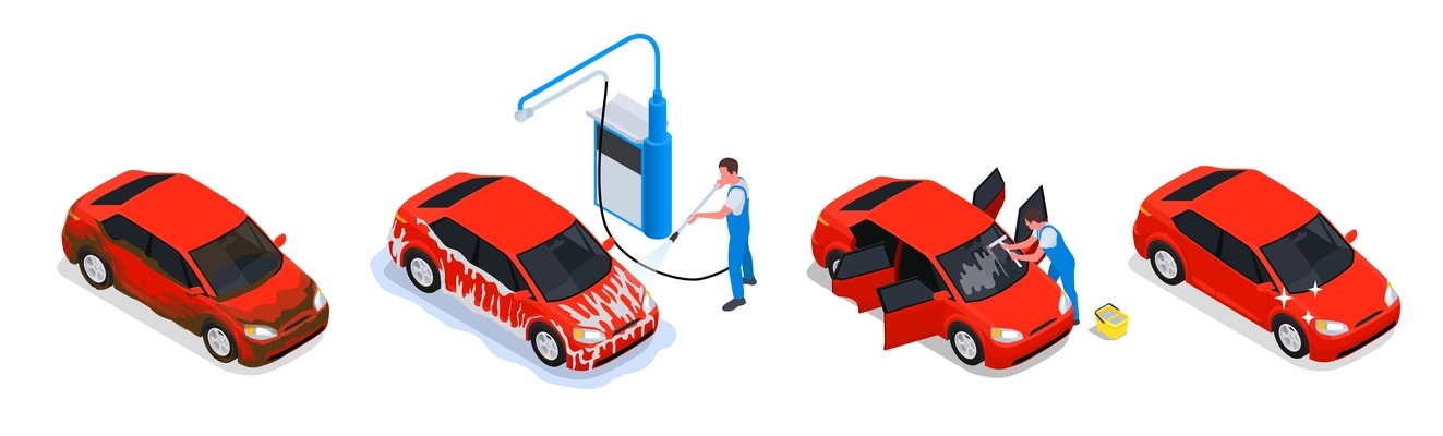 Car wash isometric and colored composition four steps of washing red car vector illustration