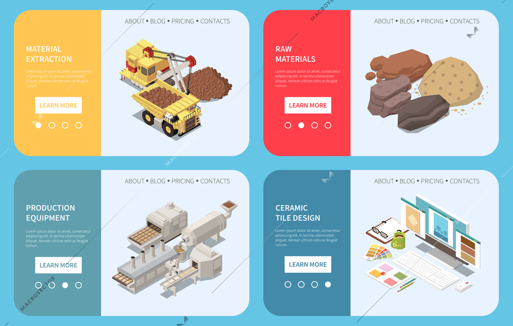 Ceramic tile production web design concept set of four landing pages about raw materials extracting and equipment for production isometric vector illustration