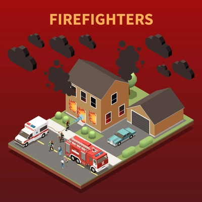 Firefighters isometric background with brigade rescuers special transport and burning building images vector illustration