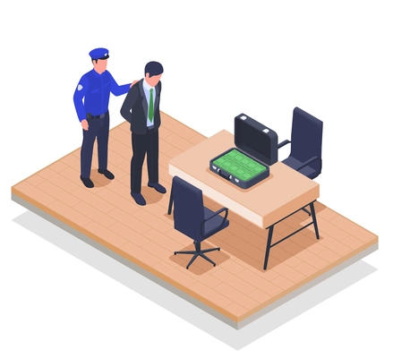 Corruption money laundering criminal caught in the act with full suitcase of bribe banknotes isometric vector illustration