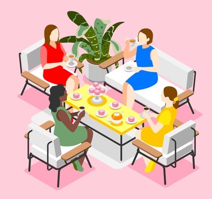 Tea day gathering concept with cupand cakes isometric vector illustration