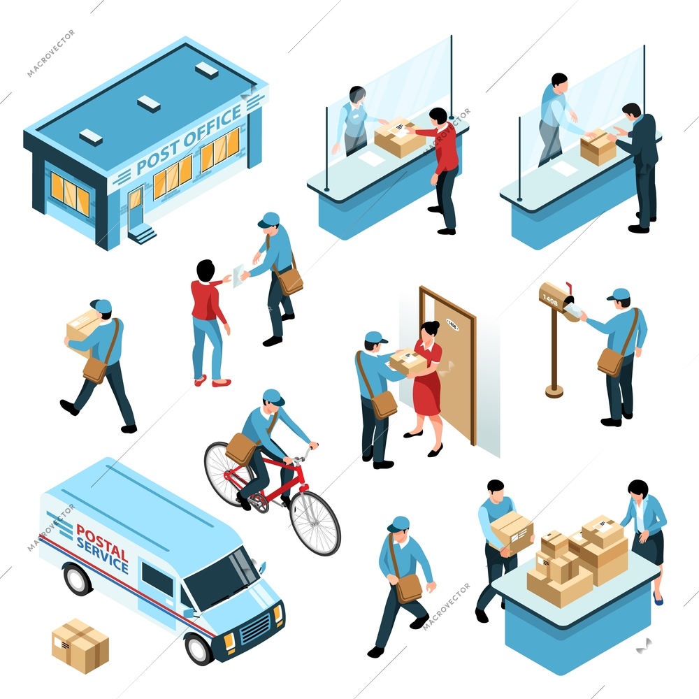 Post office isometric set with working staff postman courier correspondence recipients characters isolated vector illustration