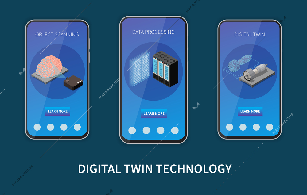 Isometric digital twin technology mobile banners set with 3d turbine engine object scanning and data processing isolated vector illustration