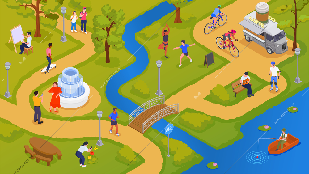 Hobby isometric background with people doing various leisure activities in park men and women riding bikes fishing painting 3d vector illustration