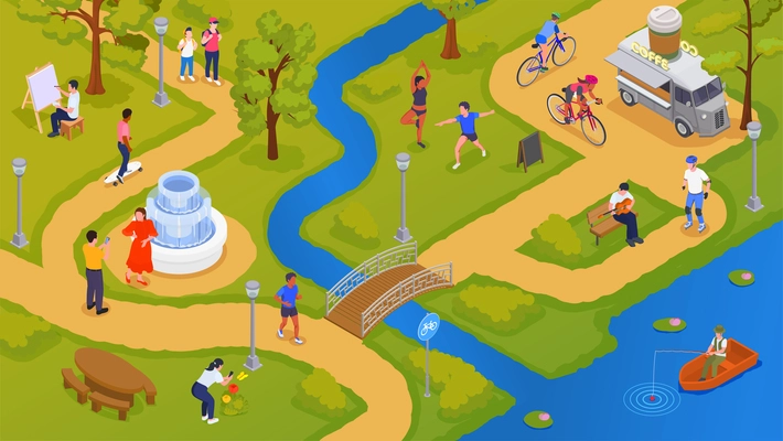 Hobby isometric background with people doing various leisure activities in park men and women riding bikes fishing painting 3d vector illustration