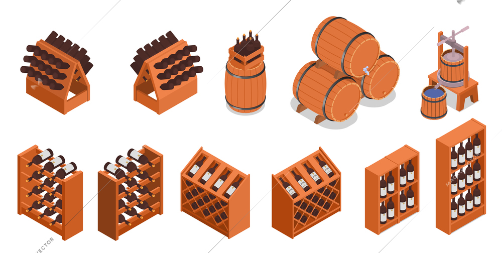 Isometric wine production set with grapes crusher wooden barrels and shelves with bottles 3d isolated vector illustration