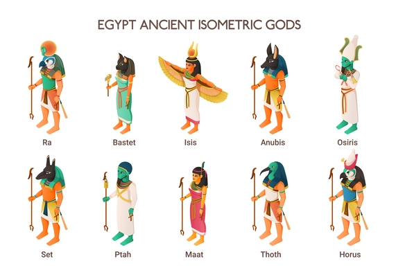 Egypt ancient gods set including ra bastet isis anubis osiris set ptah maat thoth horus isometric vector illustration