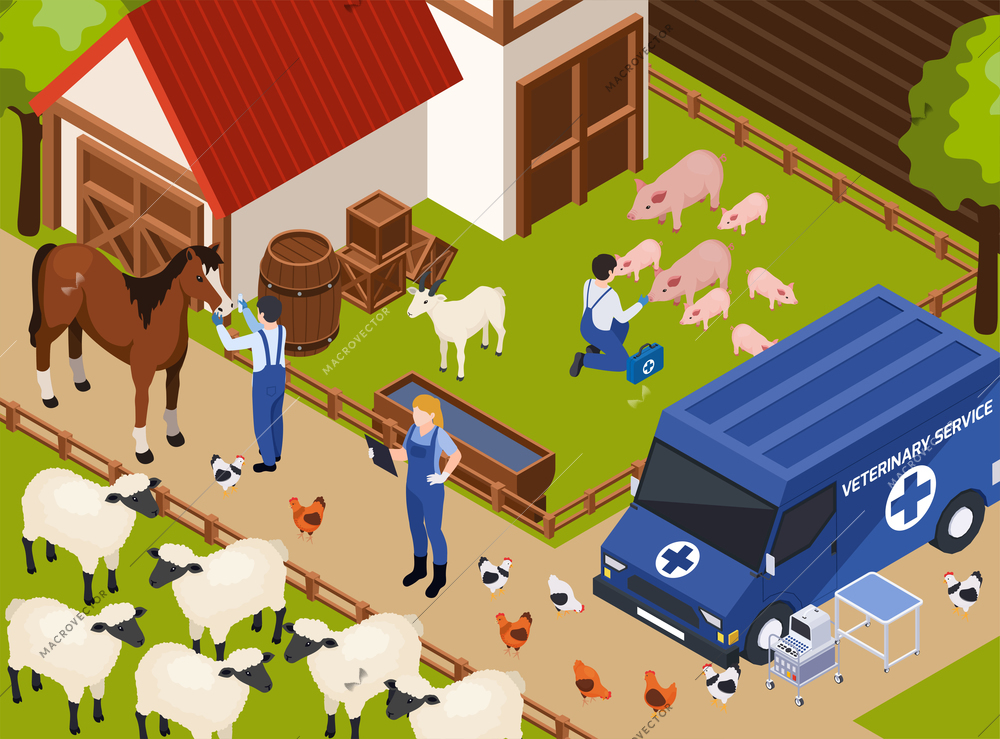 Farm animals livestock veterinary isometric composition with view of barn with van and vets curing animals vector illustration