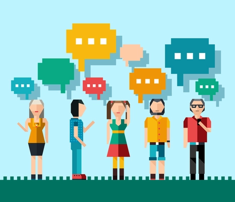 Social network media chat concept with pixel people avatars and speech bubbles vector illustration