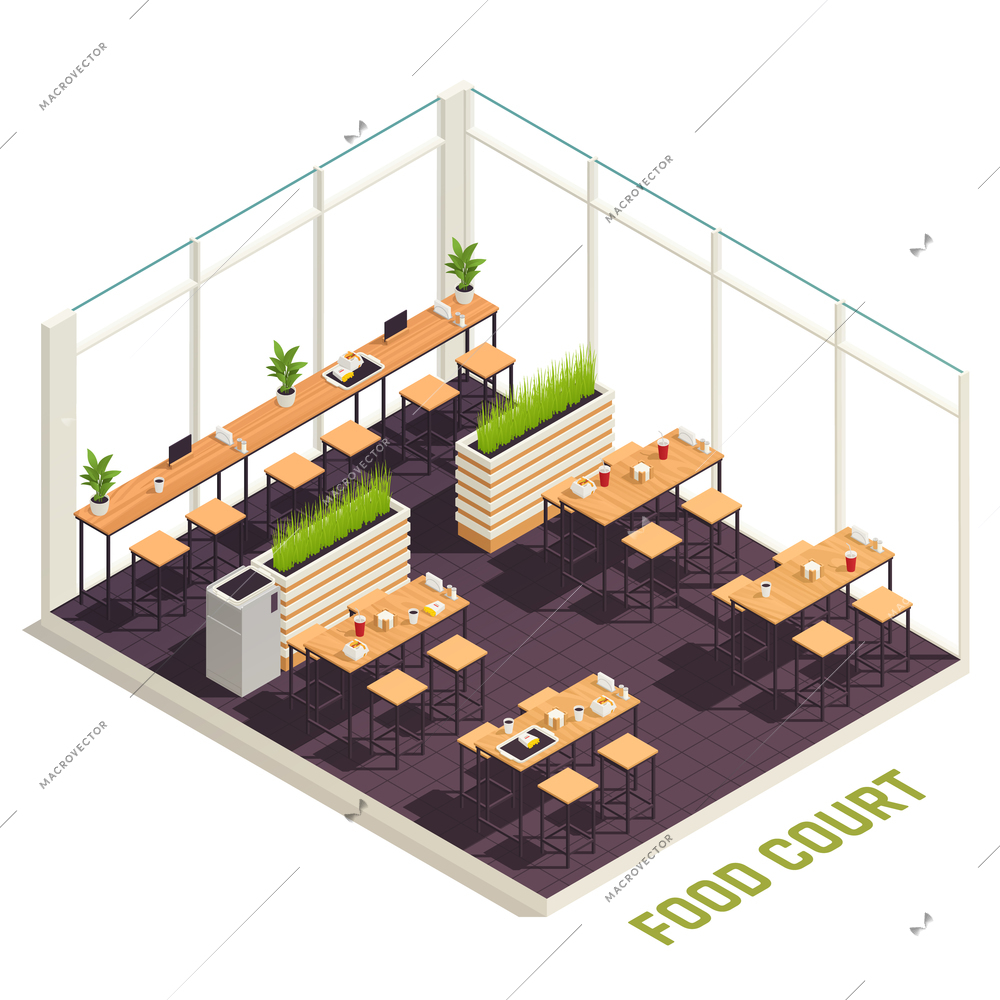 Isometric food court concept with tables high bar stools and a bar by the window in brown colors vector illustration