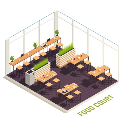 Isometric food court concept with tables high bar stools and a bar by the window in brown colors vector illustration