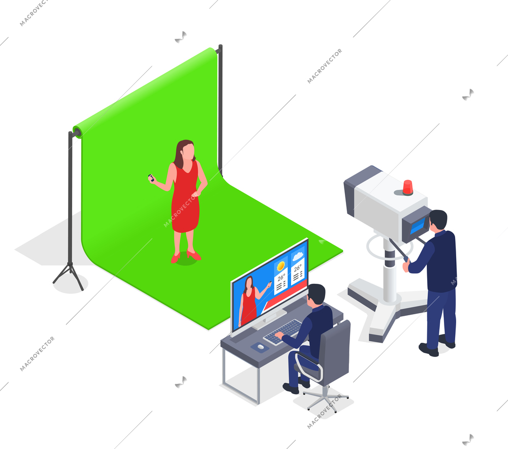 Shooting of weather forecast in tv studio isometric composition with cameraman operator and female presenter with chromakey 3d vector illustration