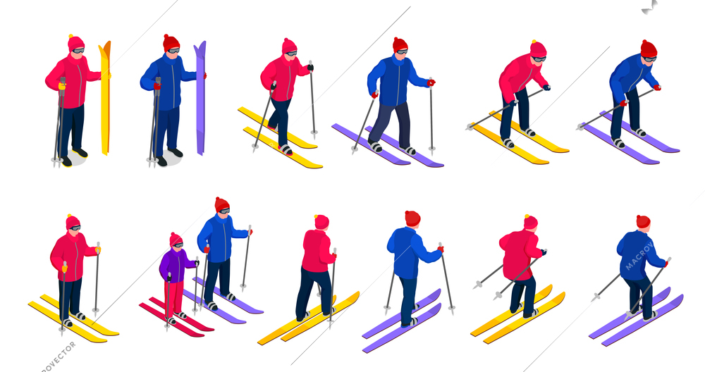 Isometric set with dressed in winter wear skiing people in different poses isolated on white background 3d vector illustration