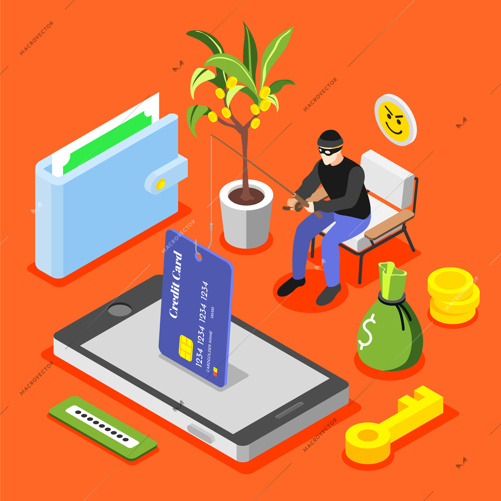 Banks scammers isometric background with composition of phishing hacker with credit card and smartphone with money vector illustration