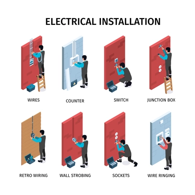 Electrical installation set of wires counter switch sockets junction box wire ringing isometric compositions isolated vector illustration