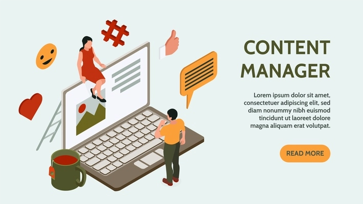 Content manager horizontal banner with program creation symbols isometric vector illustration