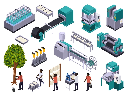 Rubber production isometric set of isolated icons with pieces of industrial machinery and manufacture workers characters vector illustration