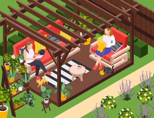 Garden furniture isometric composition with outdoor scenery and exotic plants with wooden summerhouse sofa and armchair vector illustration