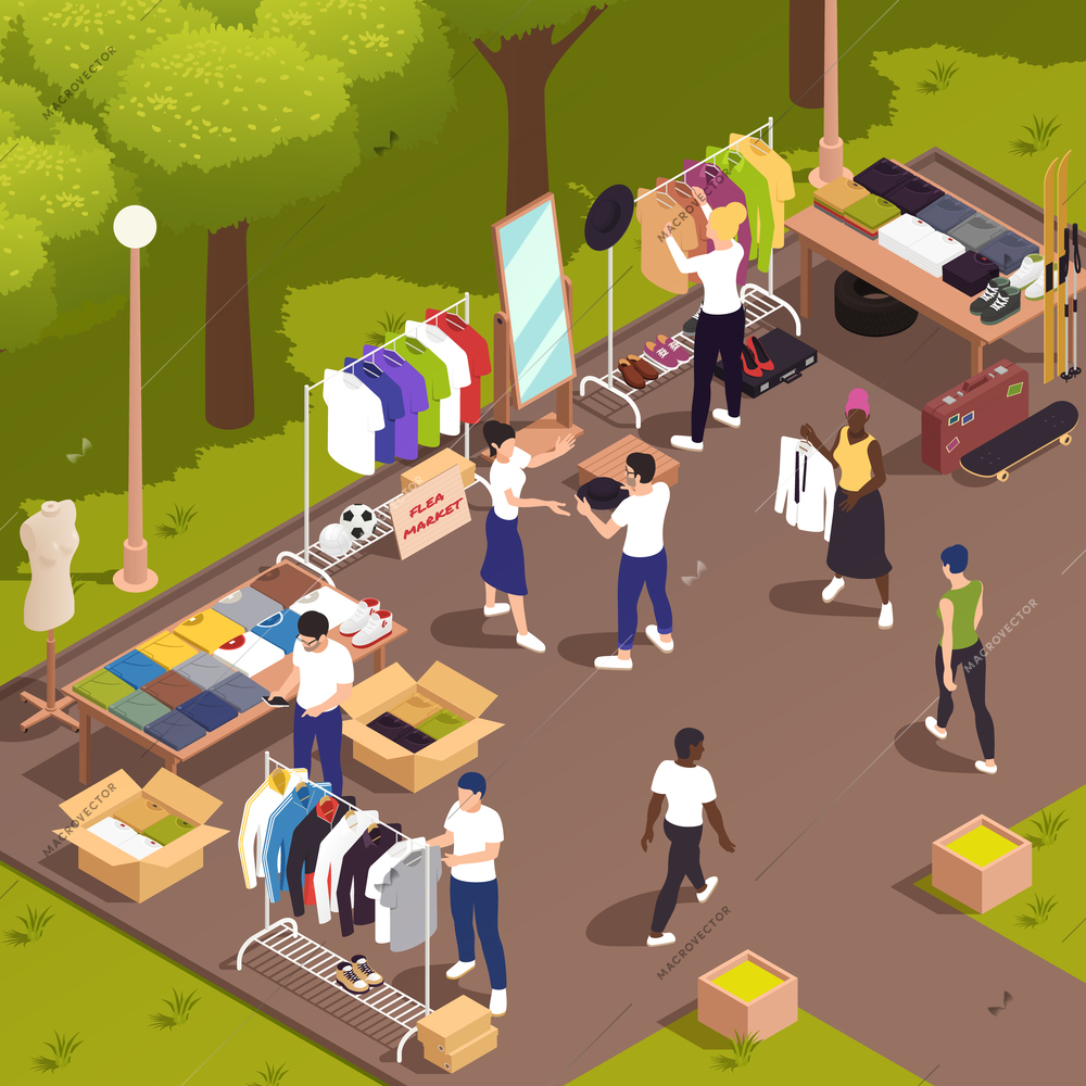 Flea market and garage sale isometric composition with people choosing antique items outdoors vector illustration