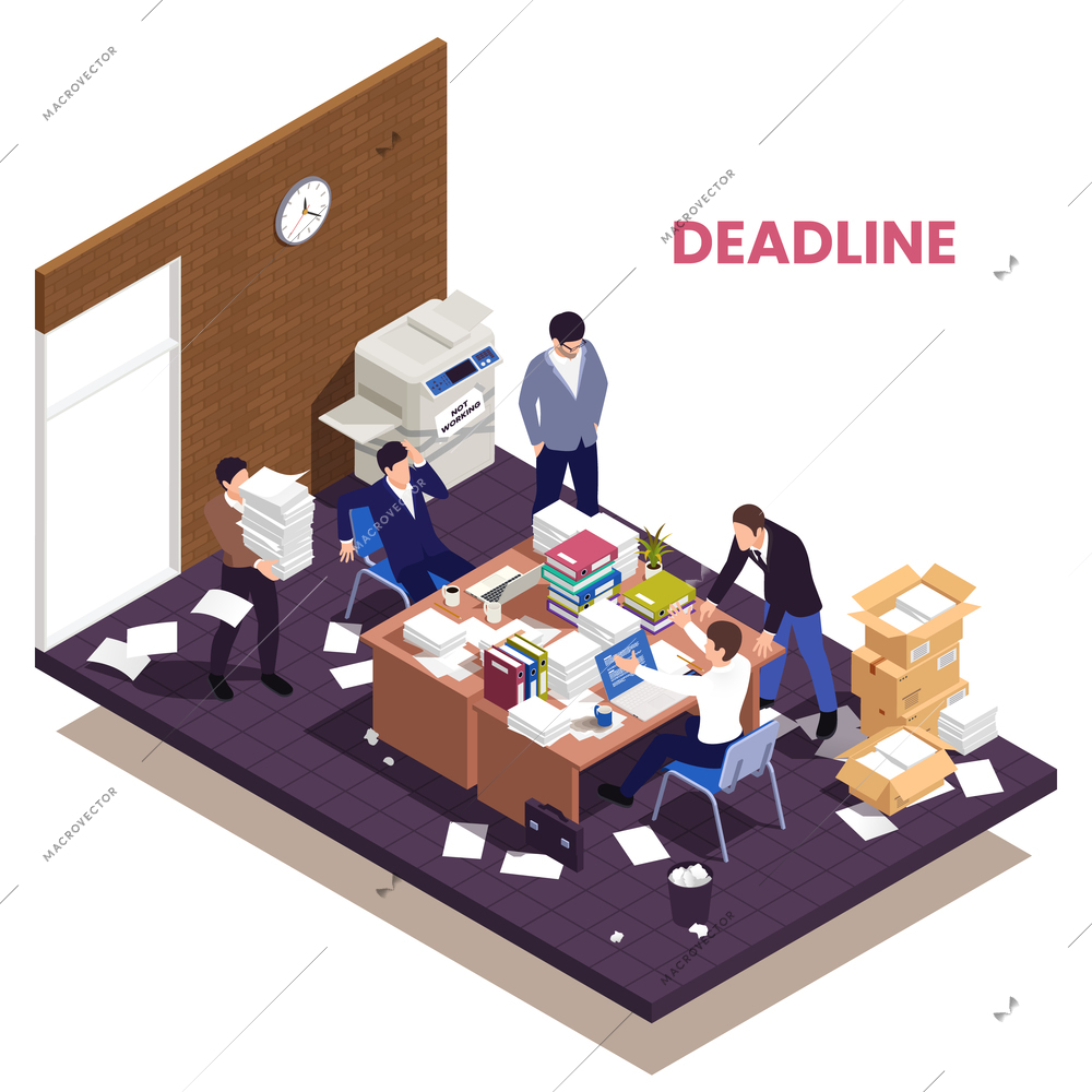 Disorganized chaotic office work isometric composition with frustrated employees missing deadline vector ilustration