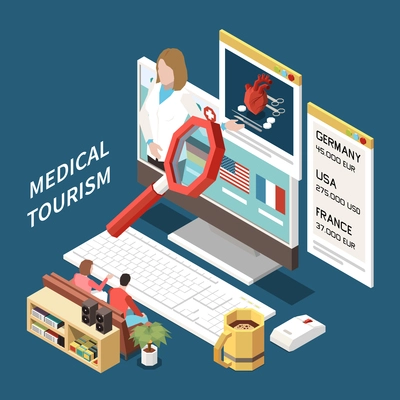 Isometric composition with two people choosing country for medical tourism online on computer 3d vector illustration