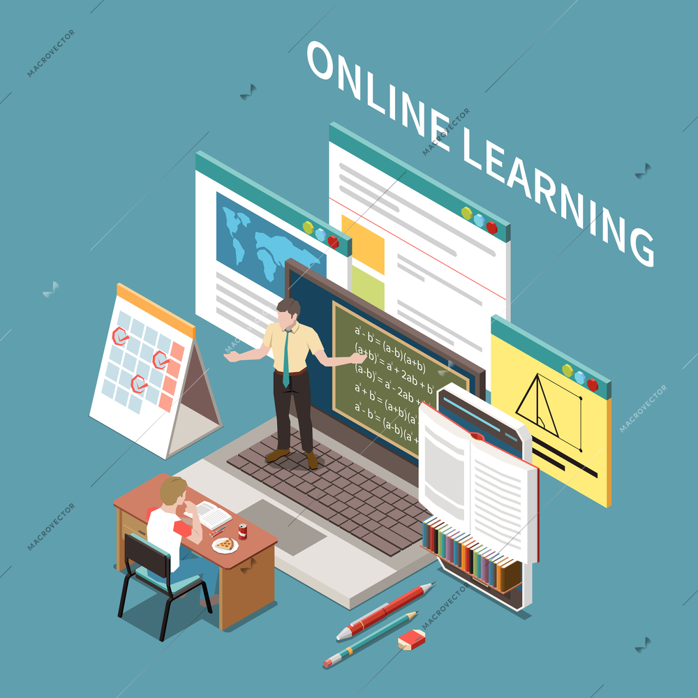 Online learning homeschooling isometric composition with student watching lecture on laptop library timetable 3d vector illustration