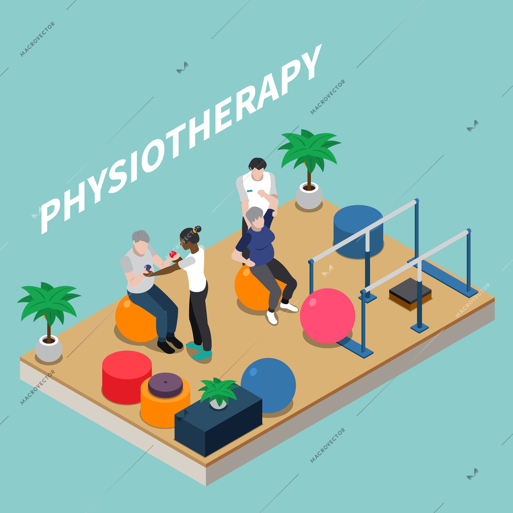 Physiotherapy rehabilitation isometric composition with elderly people training in gym with physiotherapists 3d vector illustration