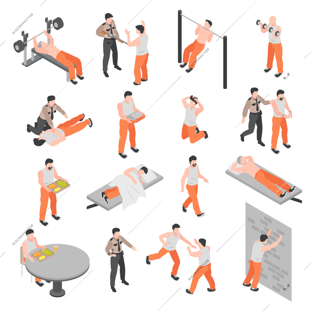 Prison isometric icons set of policeman offender warden and prisoner characters isolated vector illustration