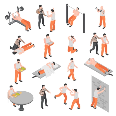 Prison isometric icons set of policeman offender warden and prisoner characters isolated vector illustration