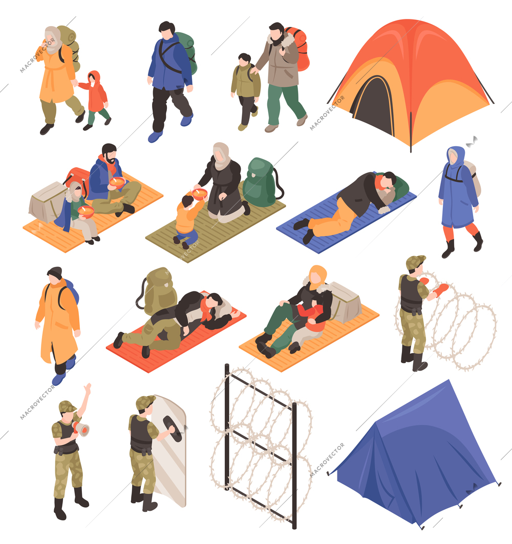 Refugees isometric set of people with belongings sleeping under open sky in immigration camp isolated vector illustration