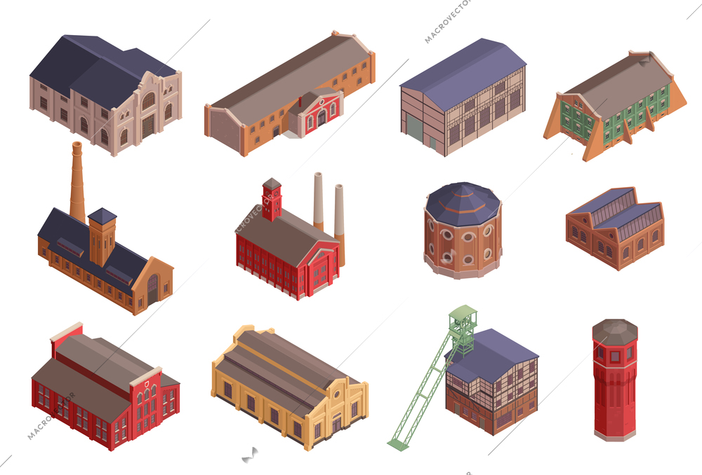 Isometric set of retro style industrial factories manufactures and other buildings isolated vector illustration