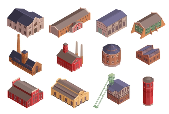 Isometric set of retro style industrial factories manufactures and other buildings isolated vector illustration