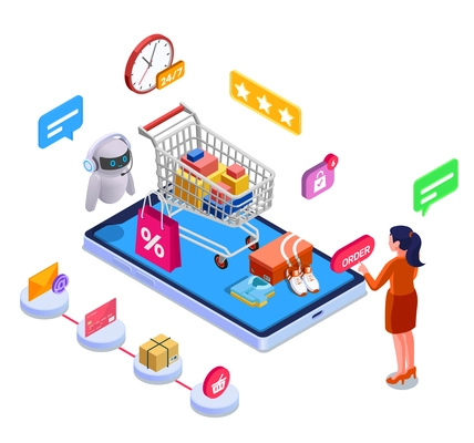 Shopping e-commerce isometric composition with mobile phone and customer buying goods vector illustration