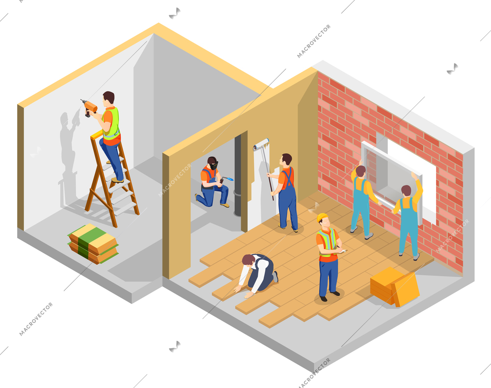 Construction workers isometric composition with builders renovating the flat vector illustration