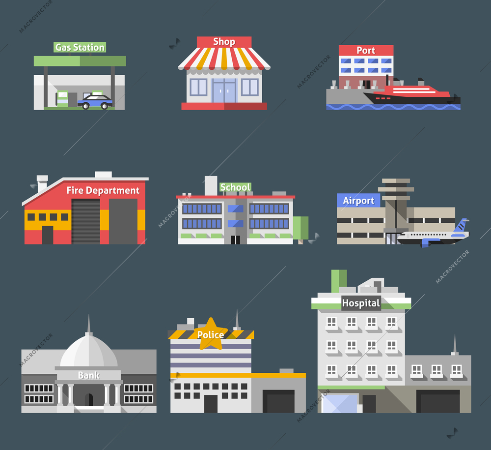 Government flat buildings decorative icons set with gas station shop port isolated vector illustration