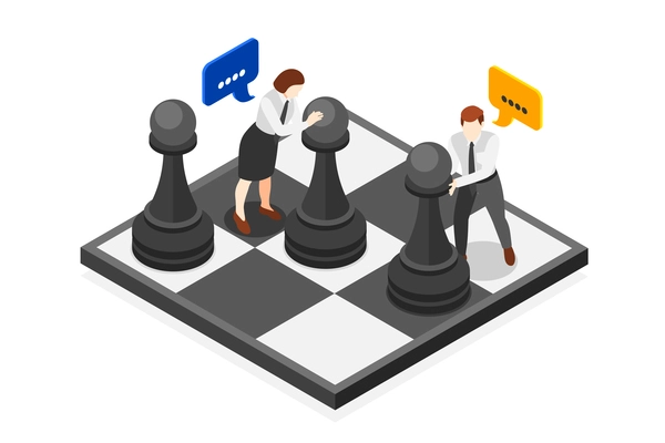 Soft skills problem solving concept isometric composition with two people moving chess pieces 3d vector illustration