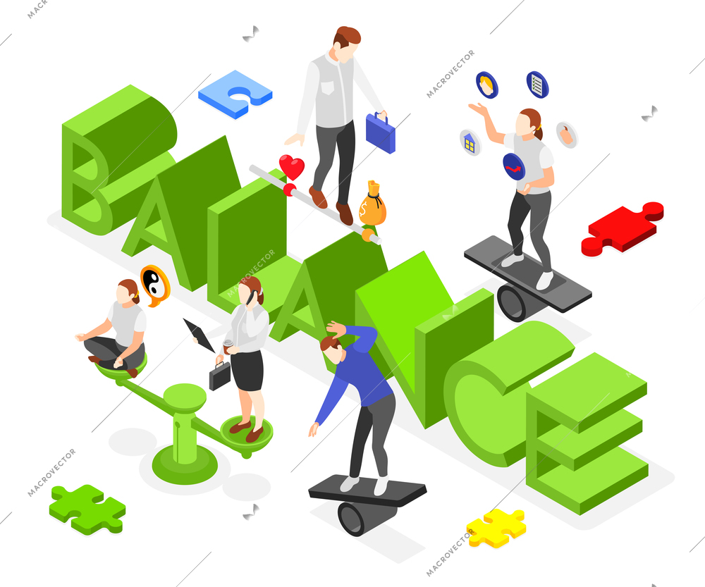 Isometric concept composition with people balancing between life and work 3d vector illustration