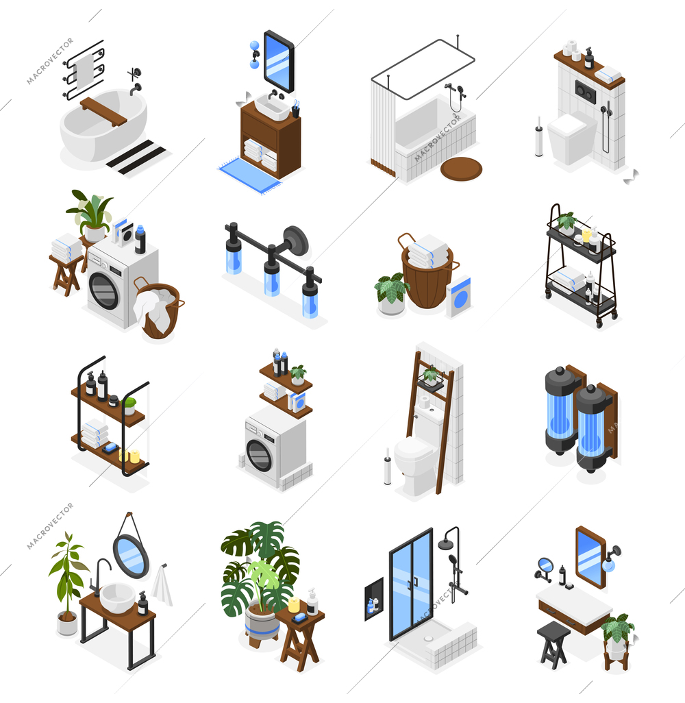 Isometric modern bathroom and toilet interiors set with equipment accessories decor elements isolated 3d vector illustration