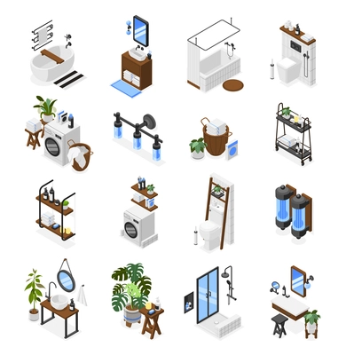 Isometric modern bathroom and toilet interiors set with equipment accessories decor elements isolated 3d vector illustration